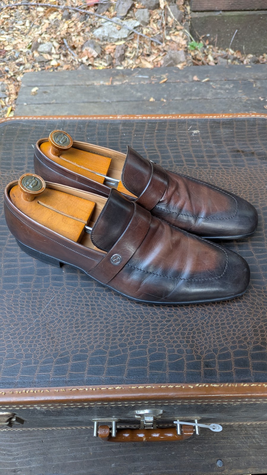 Gucci Brown Leather Loafers GG Style Strap Men’s Size 10 Made in Italy