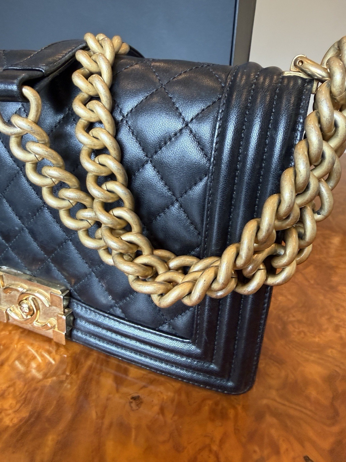 Authentic CHANEL Boy Bag Gold HW Medium Black Calfskin. Auth Card.