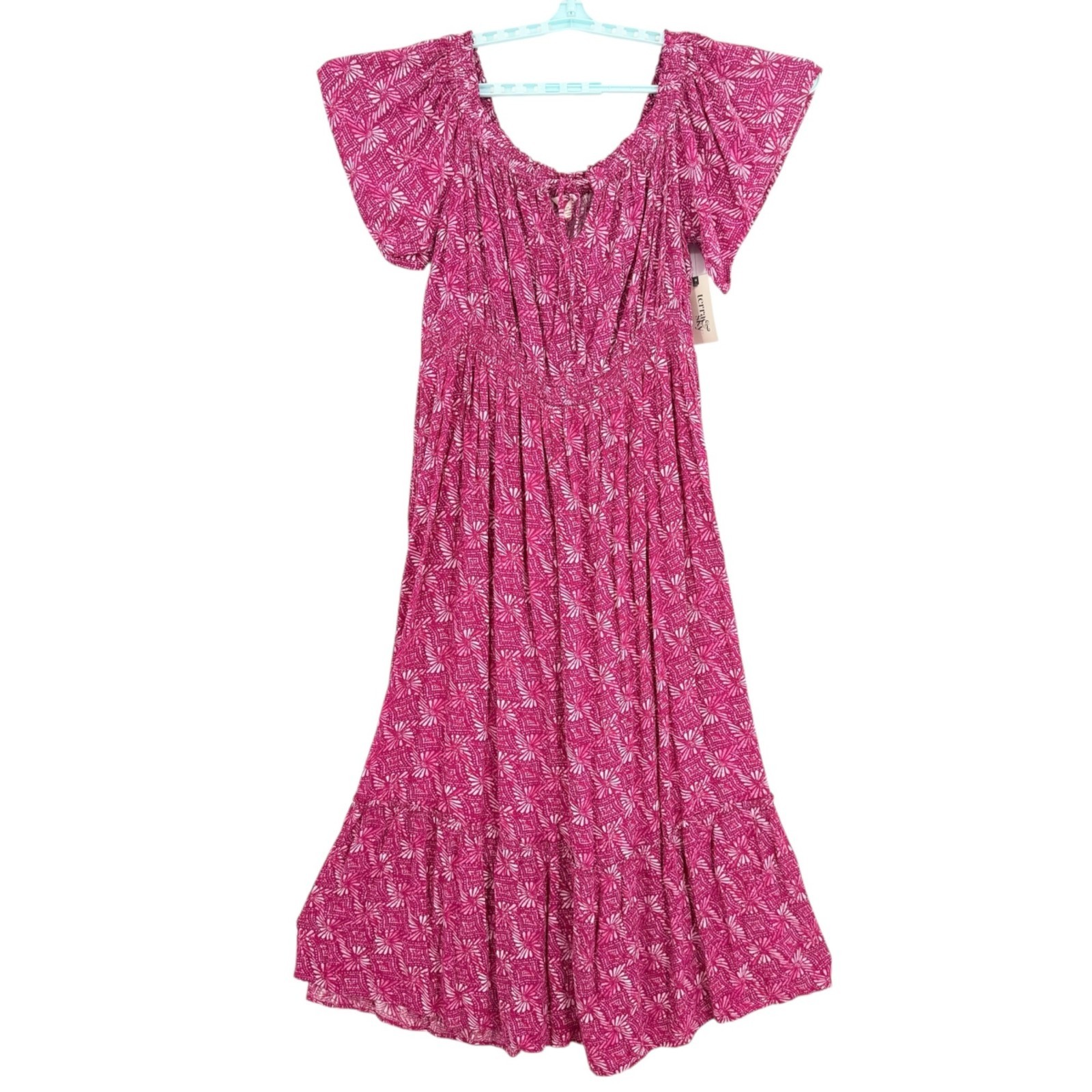 Terra & Sky Pink Summer Maxi Dress Size 0X 14W Off Shoulder Batik Geometric NWT