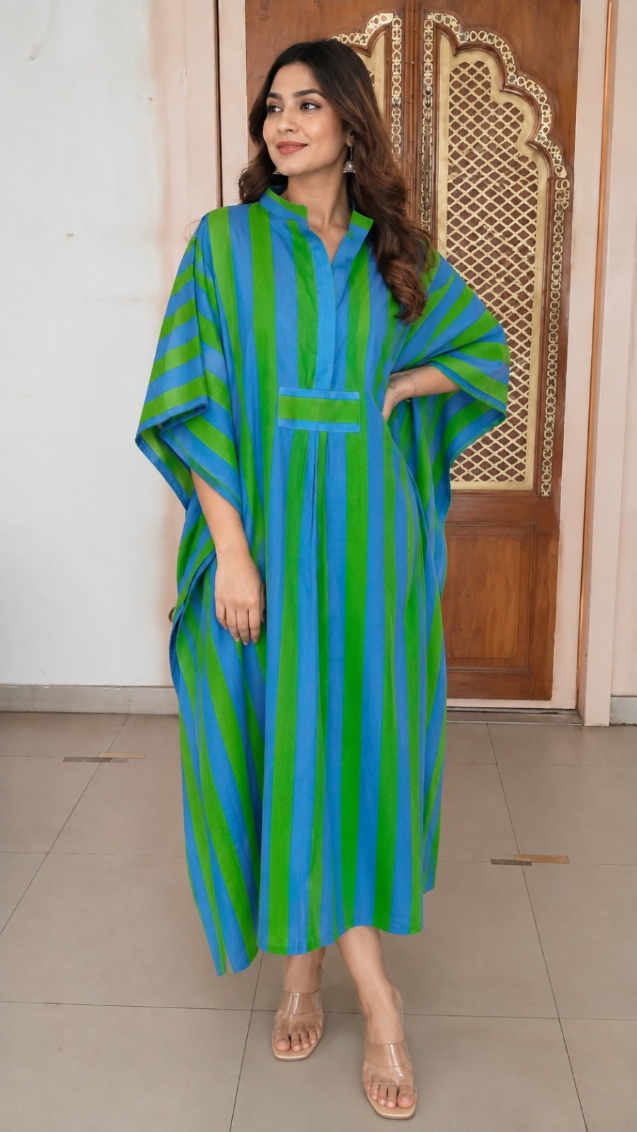 Green Striped Print Caftan For to be Moms Beach Cover Up Maxi Summer Long Kaftan
