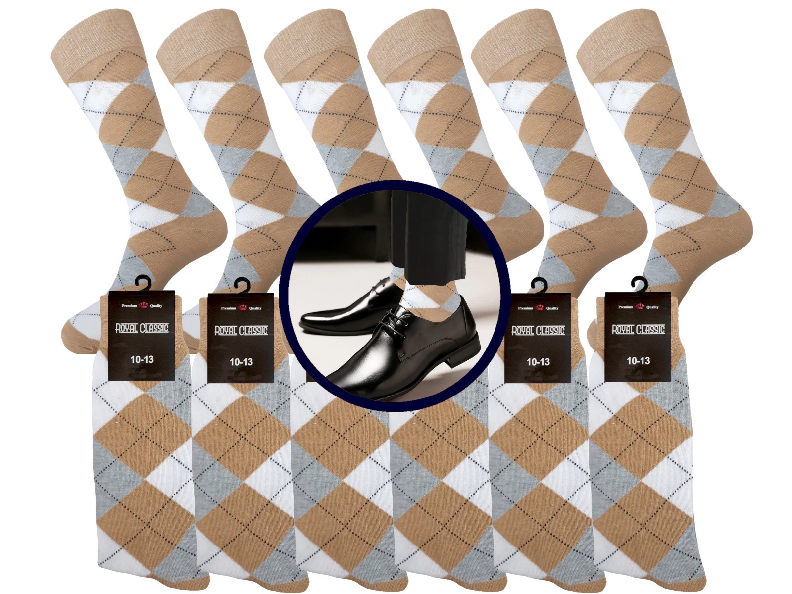 12-6-3-1 Dress Socks Argyle Diamond BEIGE WHITE GRAY COTTON Socks TRUE TO SIZE
