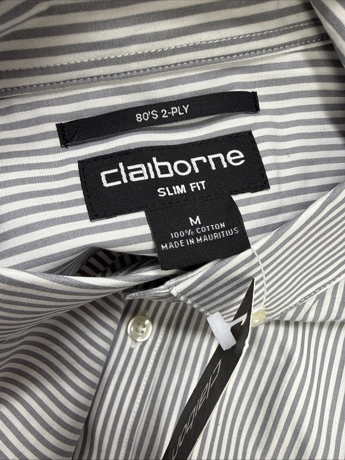 Claiborne Mens *NEW* Medium SlimFit Shirt White/Light Gray Stripe