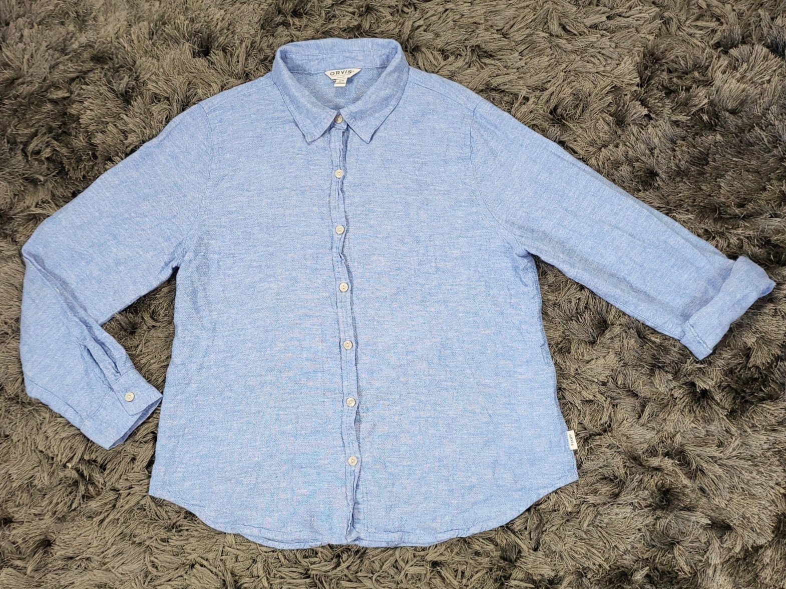 Orvis Shirt Womens Medium Blue Linen Button Up Roll Tab Long Sleeve Outdoor Logo