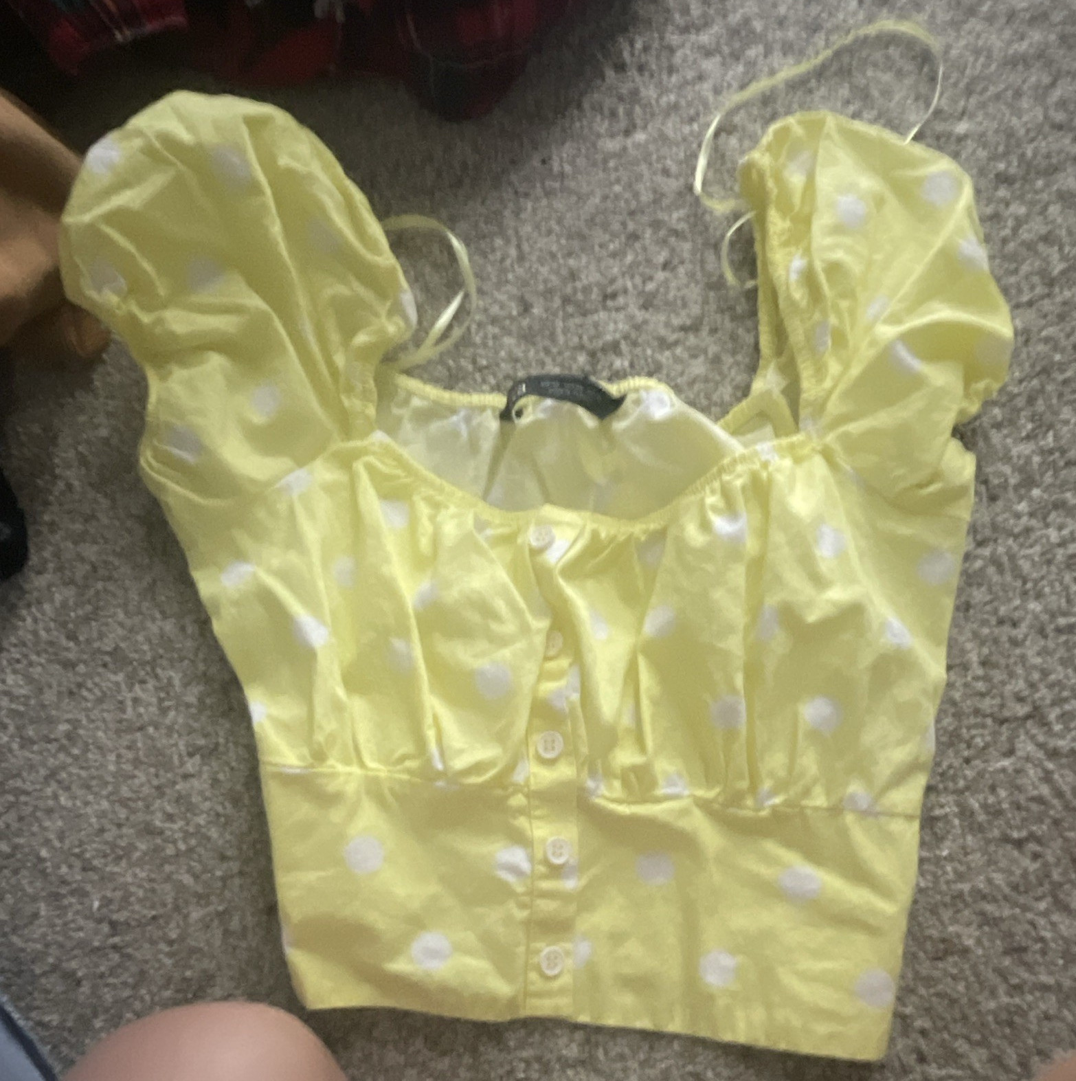 Zara Women’s XS Yellow/White Polka Dot Cropped Puff Sleeve Button Blouse