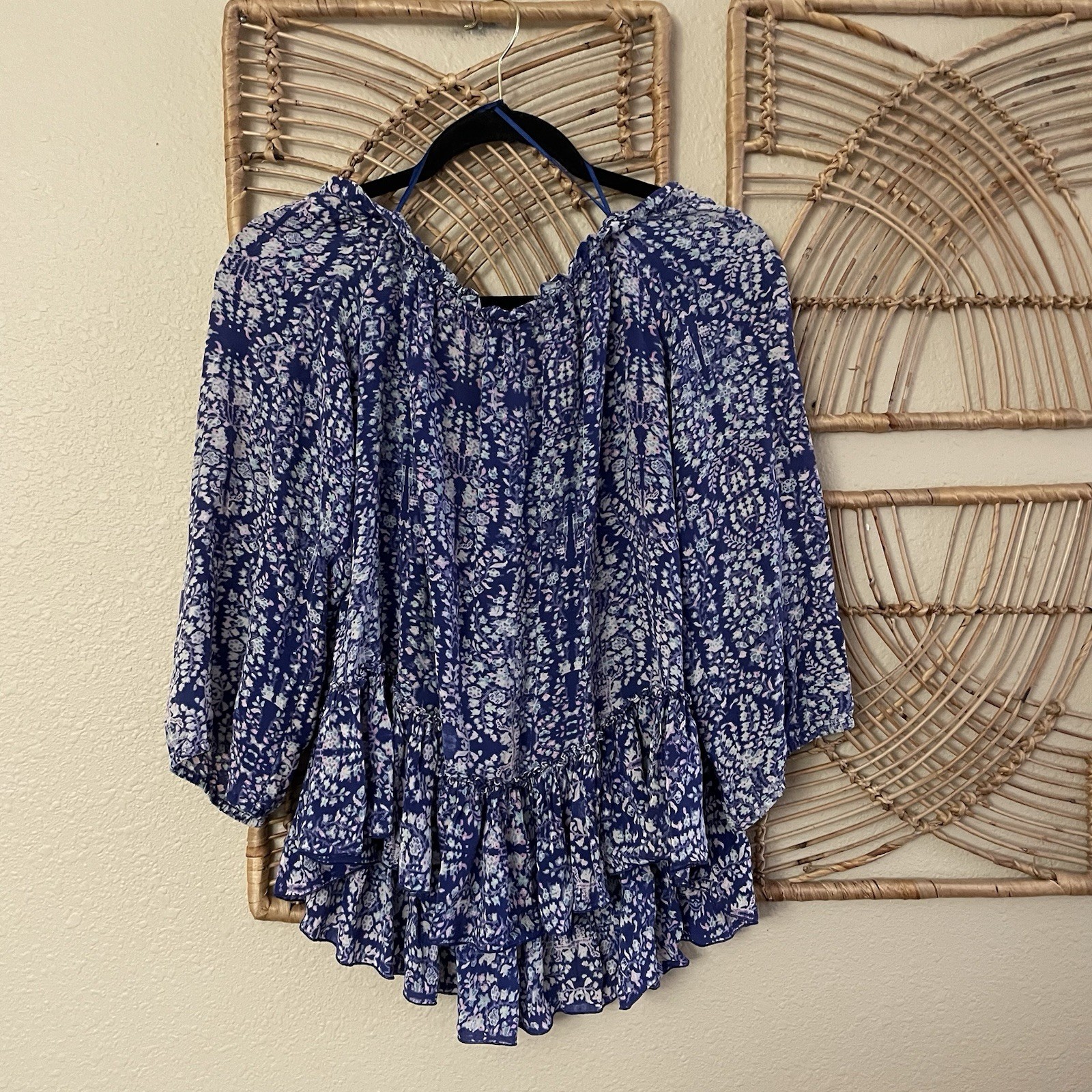 Rebecca Taylor Indigo Combo Floral Paisley Silk Off the Shoulder Blouse Sz 2 B18