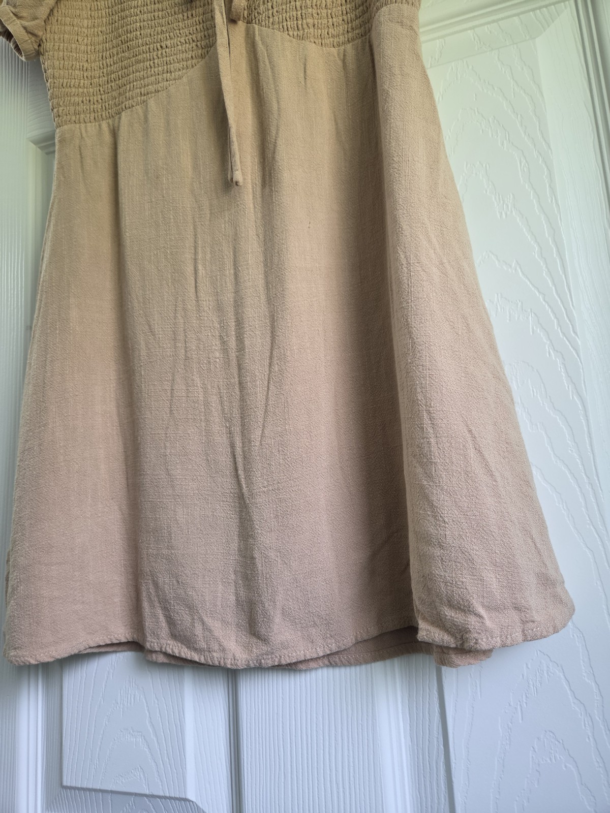 Altar’d State Smocked Milkmaid Mini Dress Tan Beige Puff Sleeve Babydoll Size M