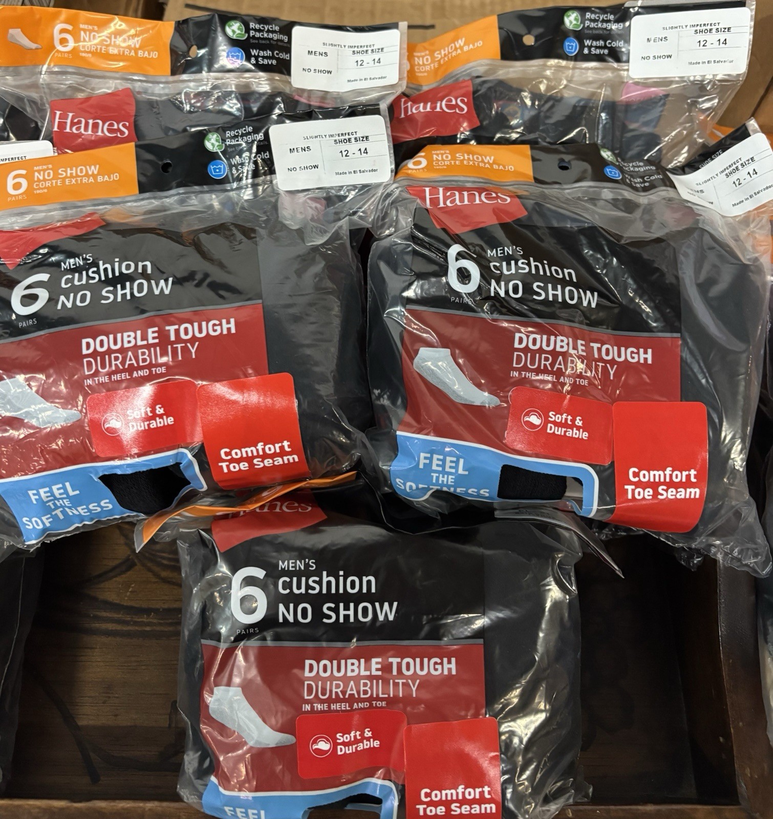 -30 PAIRS (6×5)- Size 12-14 Hanes “SLIGHTLY IMPERFECT” Cushion No Show Socks