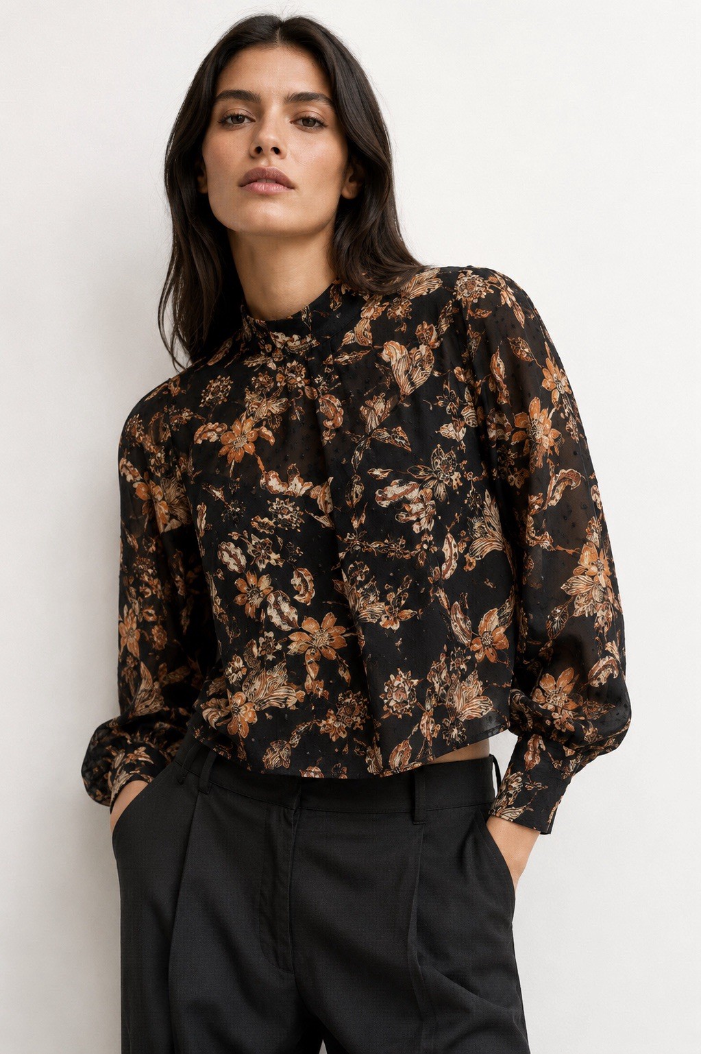 Walter Baker Sandra Top Black Dahlia Floral Swiss Dot Blouse Size L
