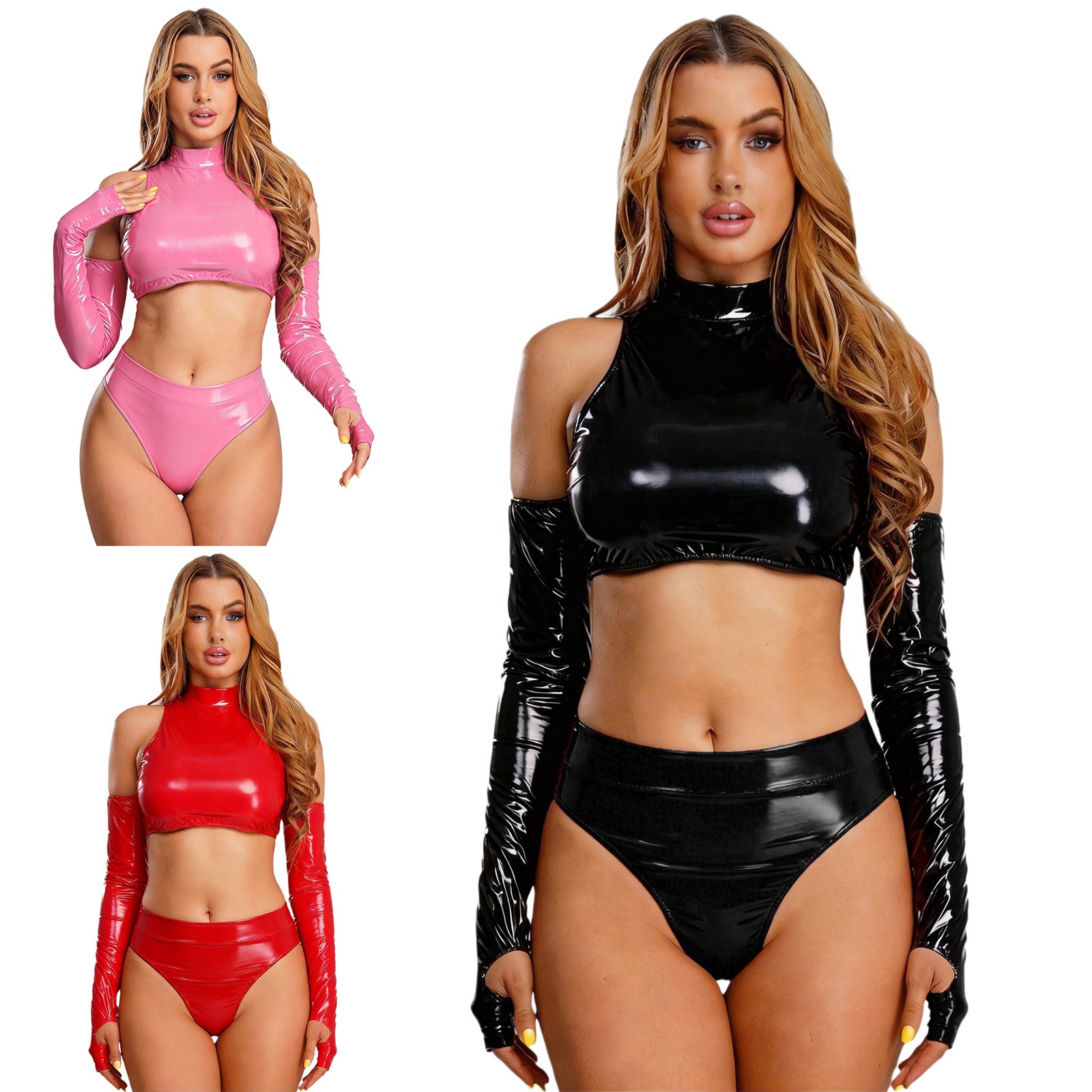US Women Crop Top and Panty Set Patent Leather Wet Look Shiny Wet Look Clubwear