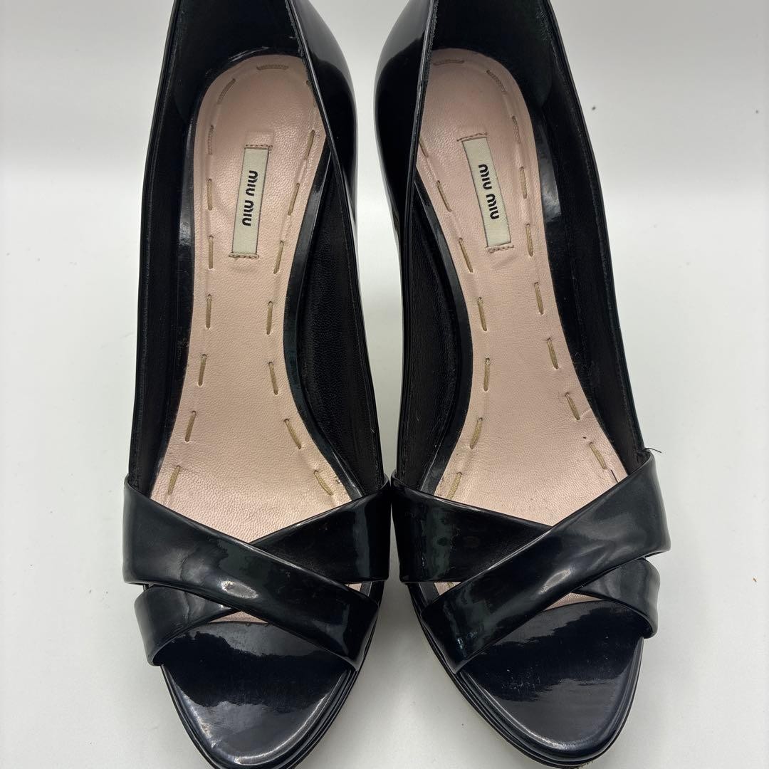 MIU MIU Open Toe Stiletto Heels Patent Leather Black Women’s Size EU34/US4