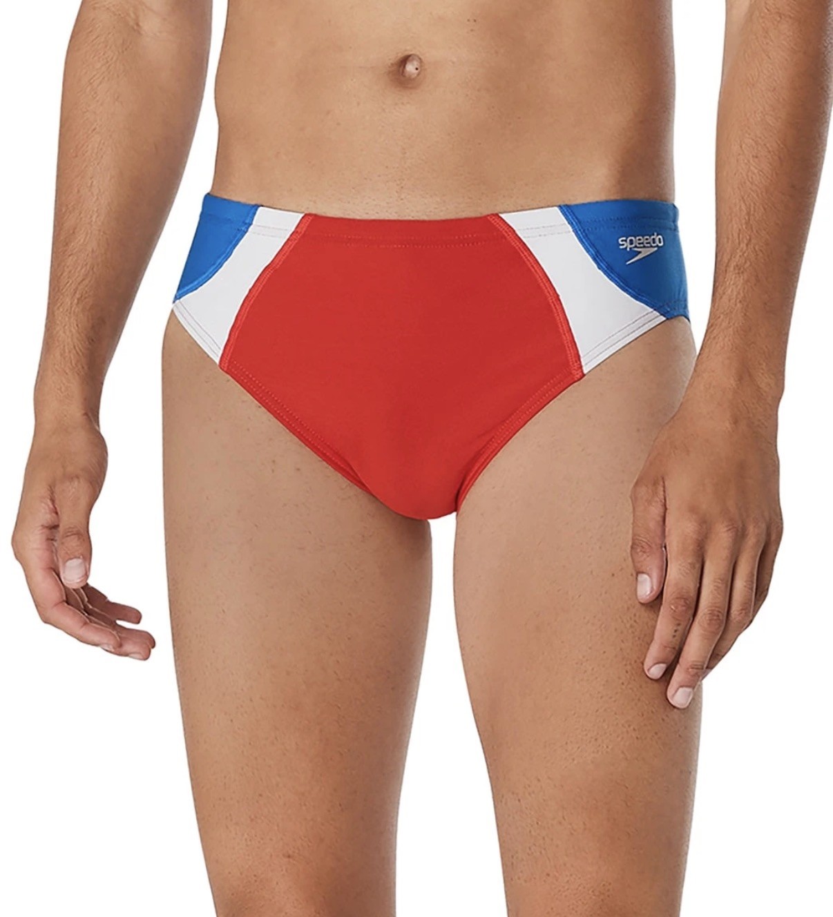 Speedo Vibe Men’s Dual Colorblock Brief Swimsuit Size 24 NWT Red White Blue 🔥