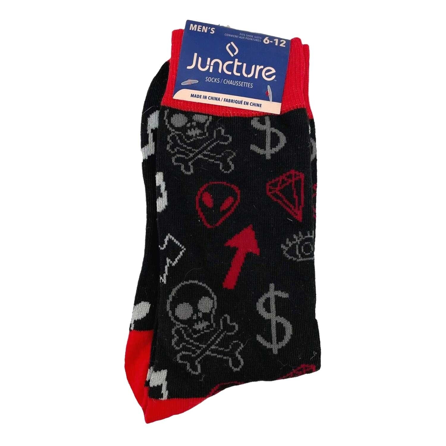 Funky Retro Novelty ROCK & ROLL SOCKS Goth Skull Music Geek Alien Punk-Black Red
