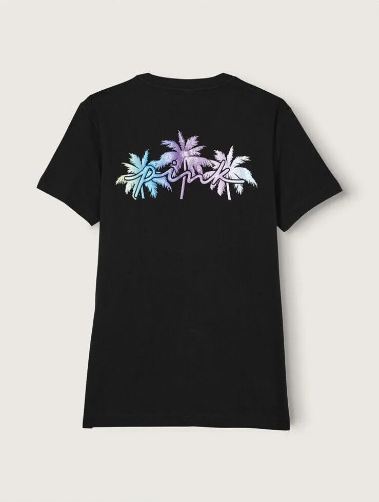 Victoria’s Secret PINK Bling Campus Short Sleeve Tee Black Shine Palm T Shirt