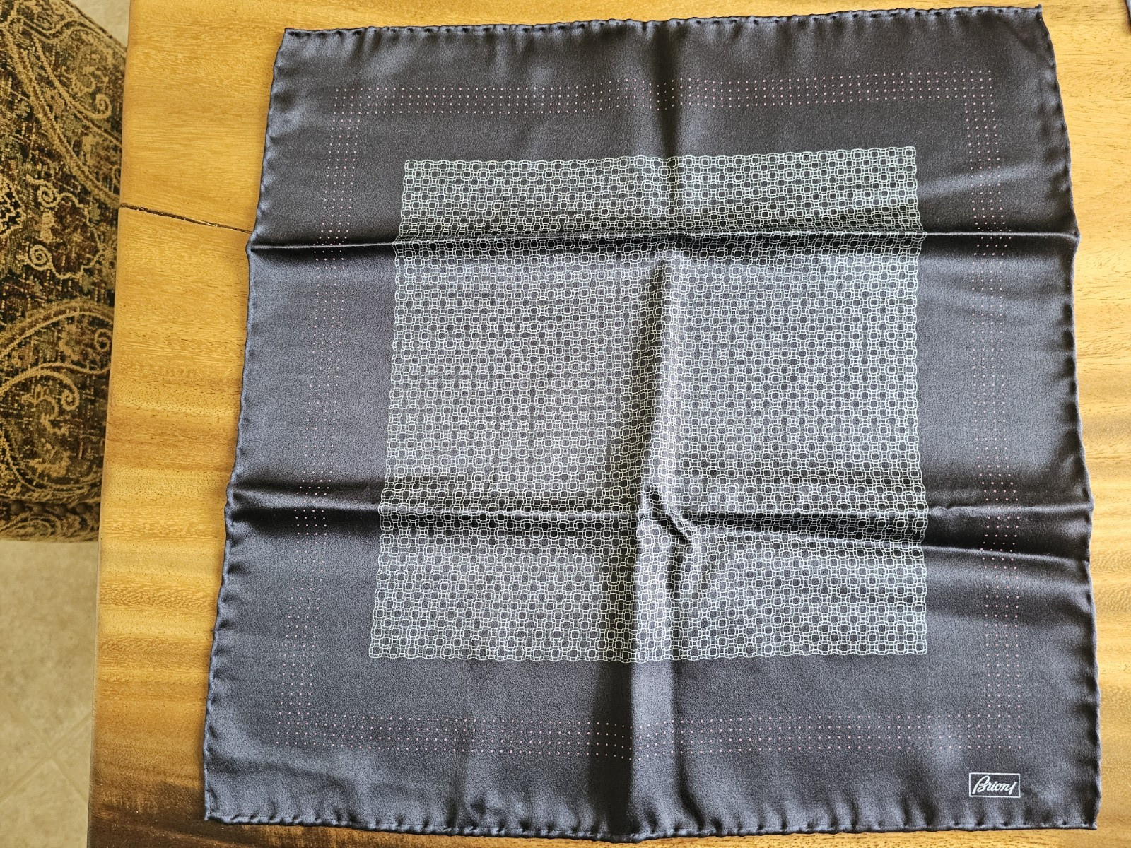 Brioni Silk Pocket Square Black and White Medallion Made in Italy Luxury