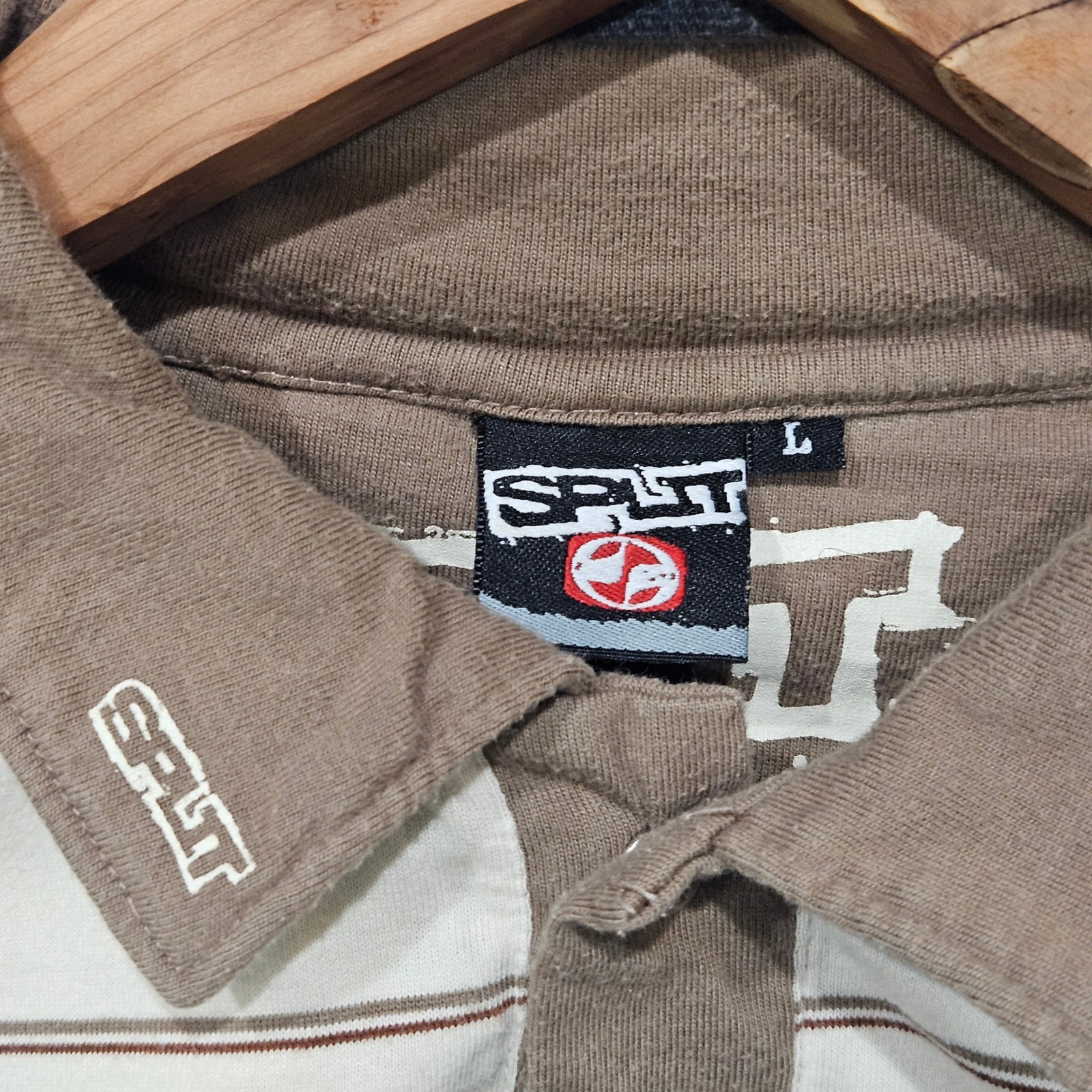Split Skater Polo Shirt Mens Large Brown Cream Striped Raglan Y2K Streetwear
