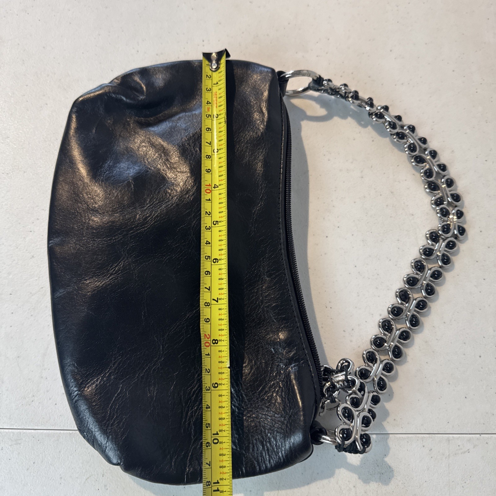Elliott Lucca Black Leather Hobo Handbag Silver Tone Chain Strap Zipper