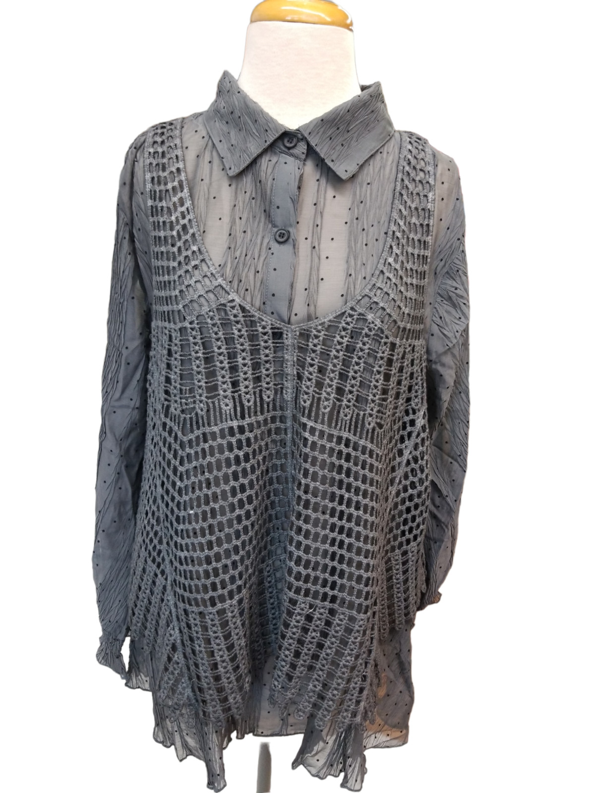 Pretty Angel Blouse Womens Large Gray Long Sleeve Crochet Overlay 2 Piece New