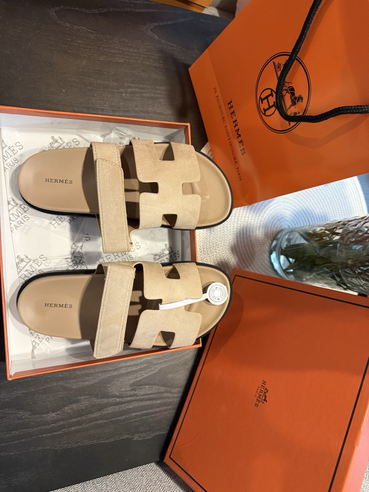 Hermès Women’s Beige Slide Sandals Slip-On Flat Solid Suede Upper US 8