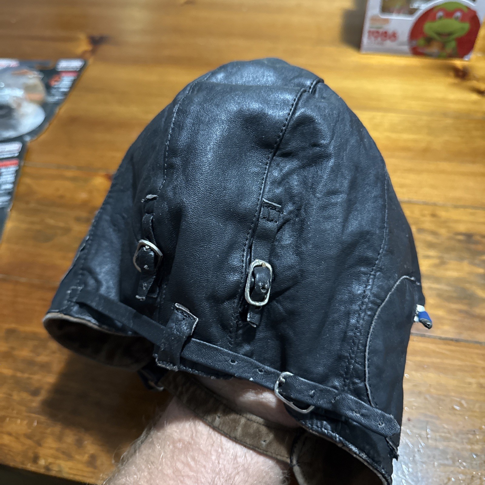 Black Leather WWII Style Pilot Aviator Helmet XL Suede Lined Zip Ear Pockets