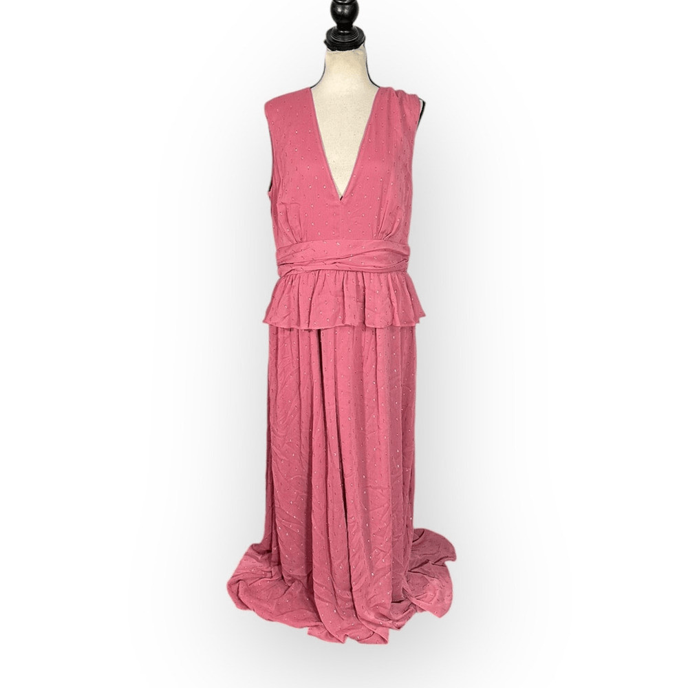 LDT Maxi Gown Women’s 4 Pink Rose Sleeveless V-Neck Peplum Waist A-Line RTR