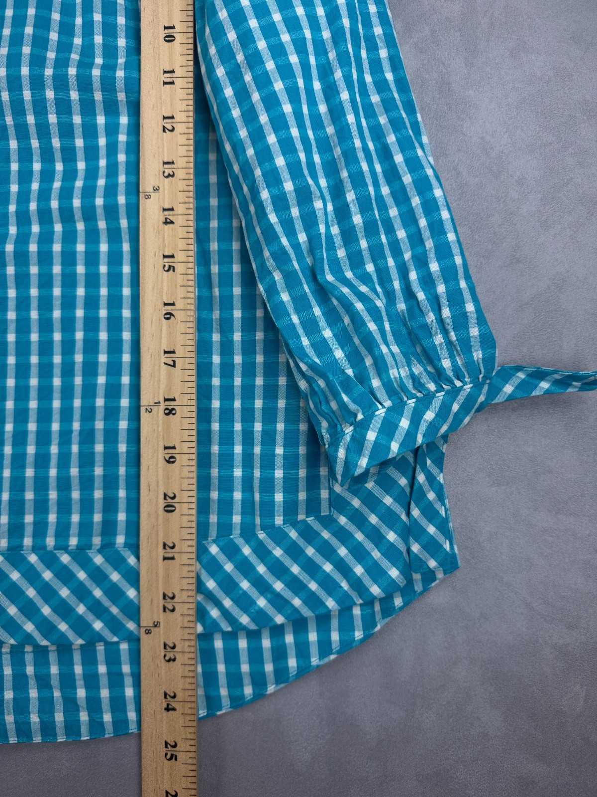 Crown & Ivy Women’s Torquoise Gingham Checked Blouse 3/4 Sleeve Sz XL