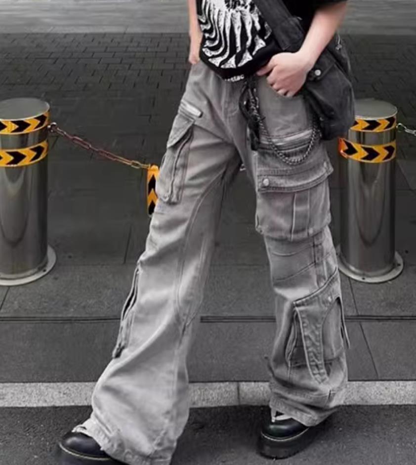 Men’s Gray Denim Jeans Straight Leg Big Pockets Casual Punk Hip Hop Trousers New