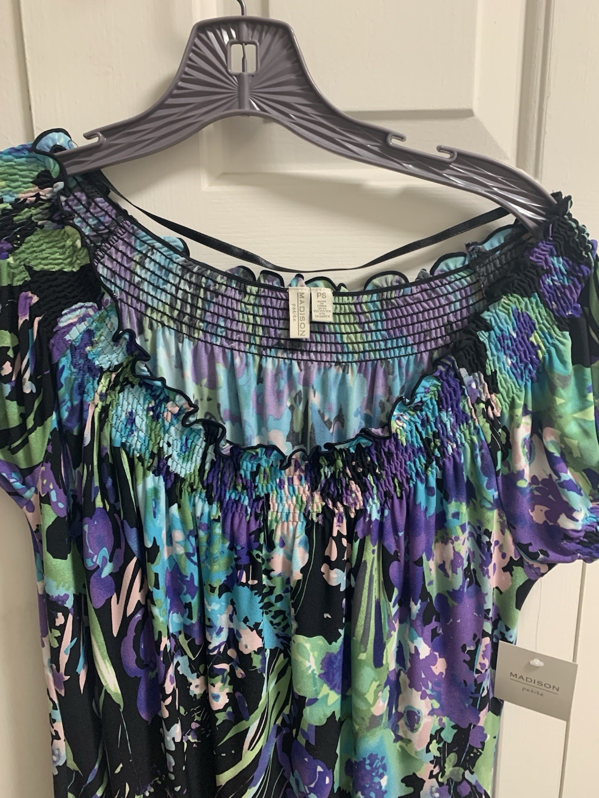 Madison Floral Knit Peasant Blouse Off Shoulder Smocked Puff SS Multicolor PS