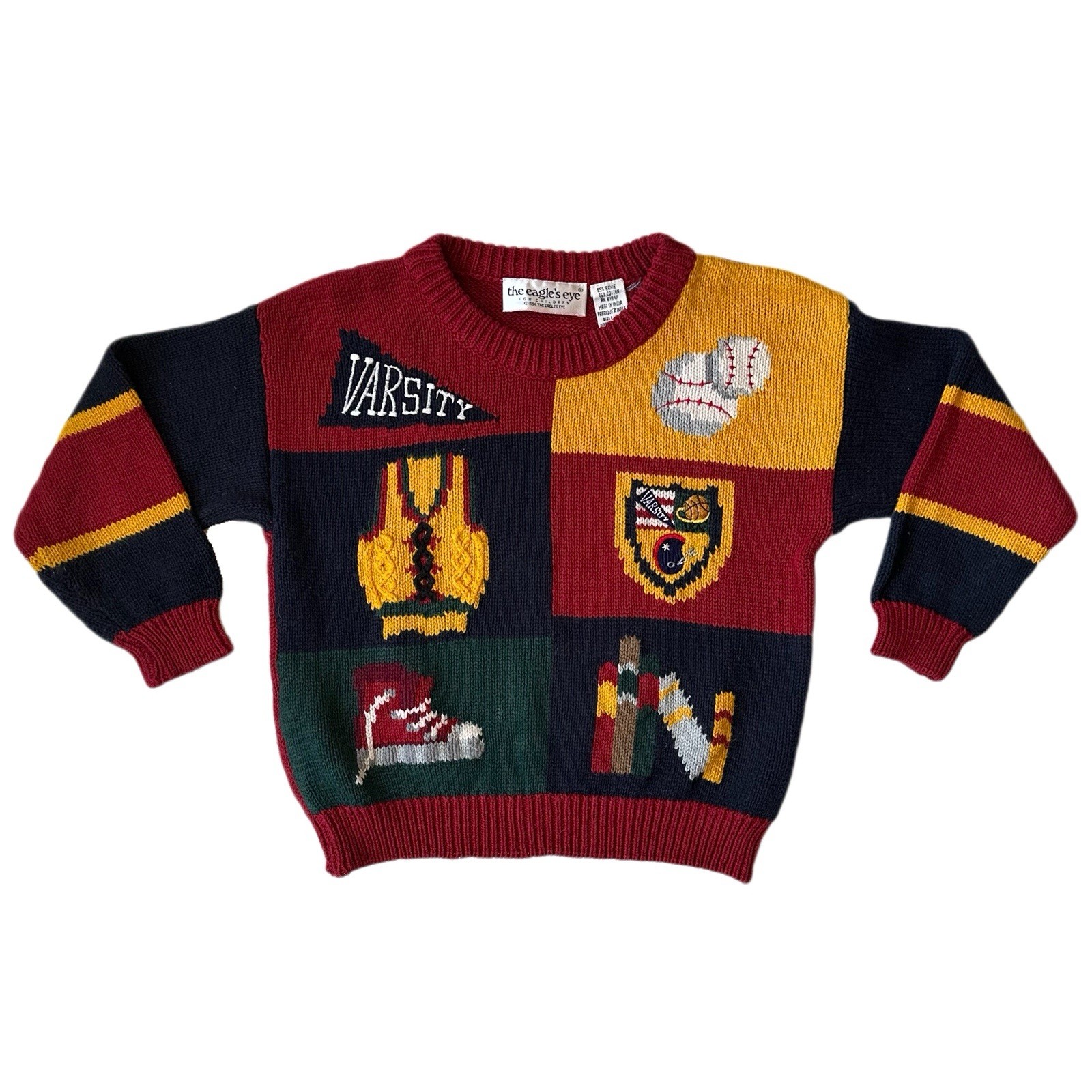 Vintage 90s The Eagle’s Eye Sport Varsity School Knit Sweater Kids L 6-7 Boys