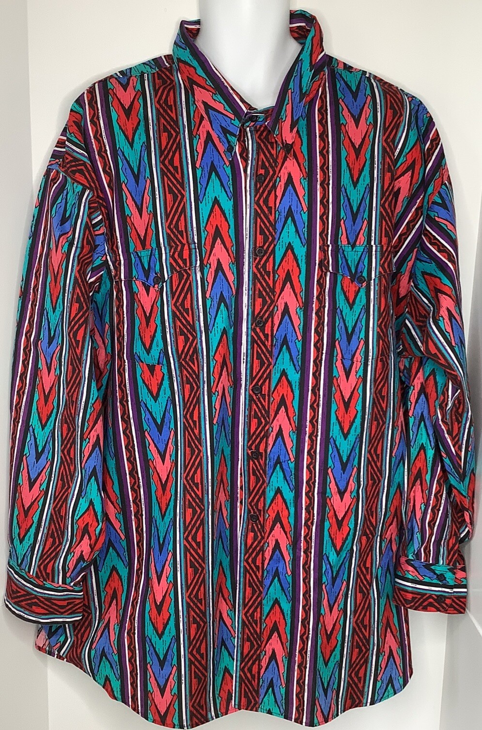 Vintage Plainsman Button Down Shirt Sz 20 4X 20.5 Aztec For Big Men Geometric