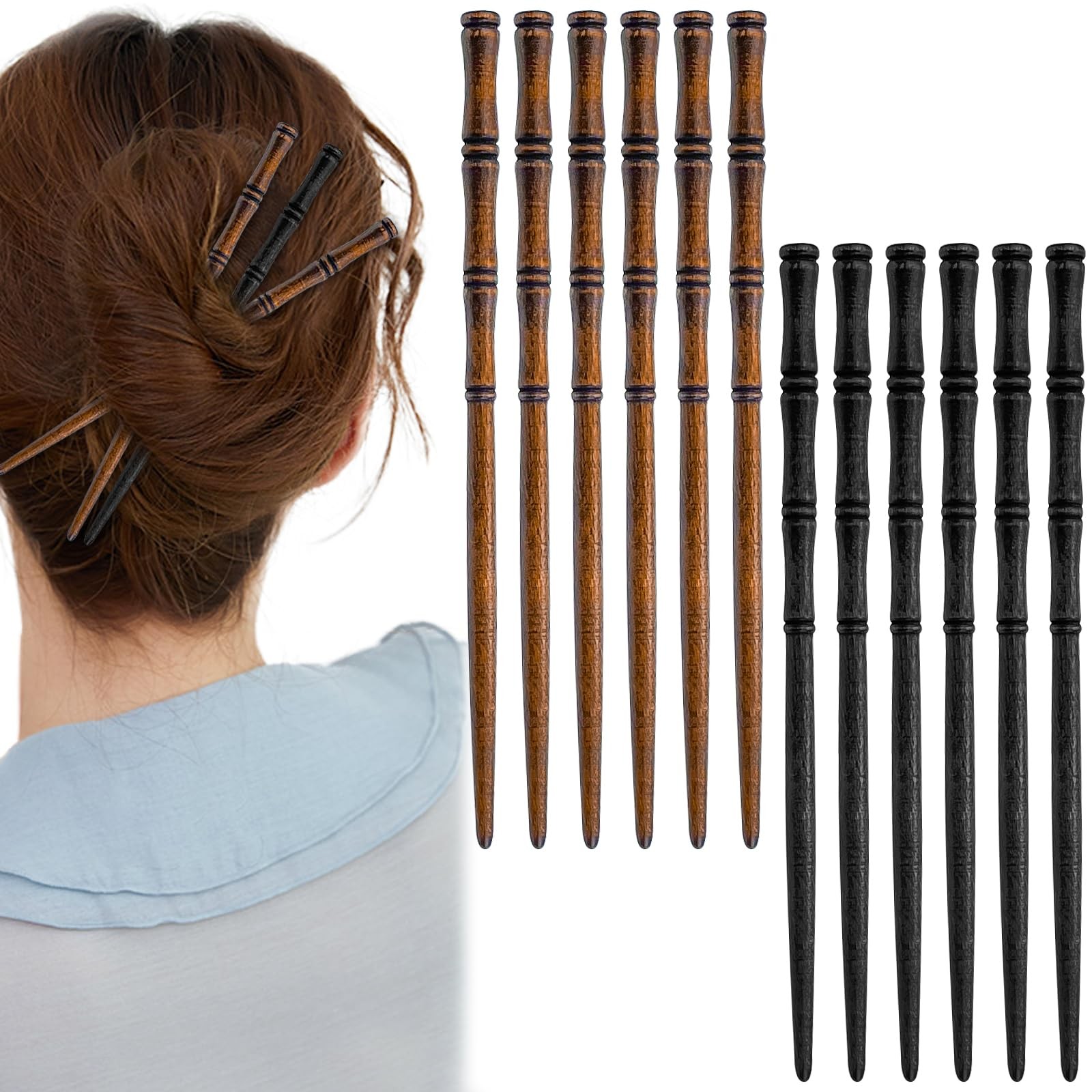 12 Pcs Vintage Wood Hair Sticks Bamboo 1 Count (Pack of 12), Black+Brown