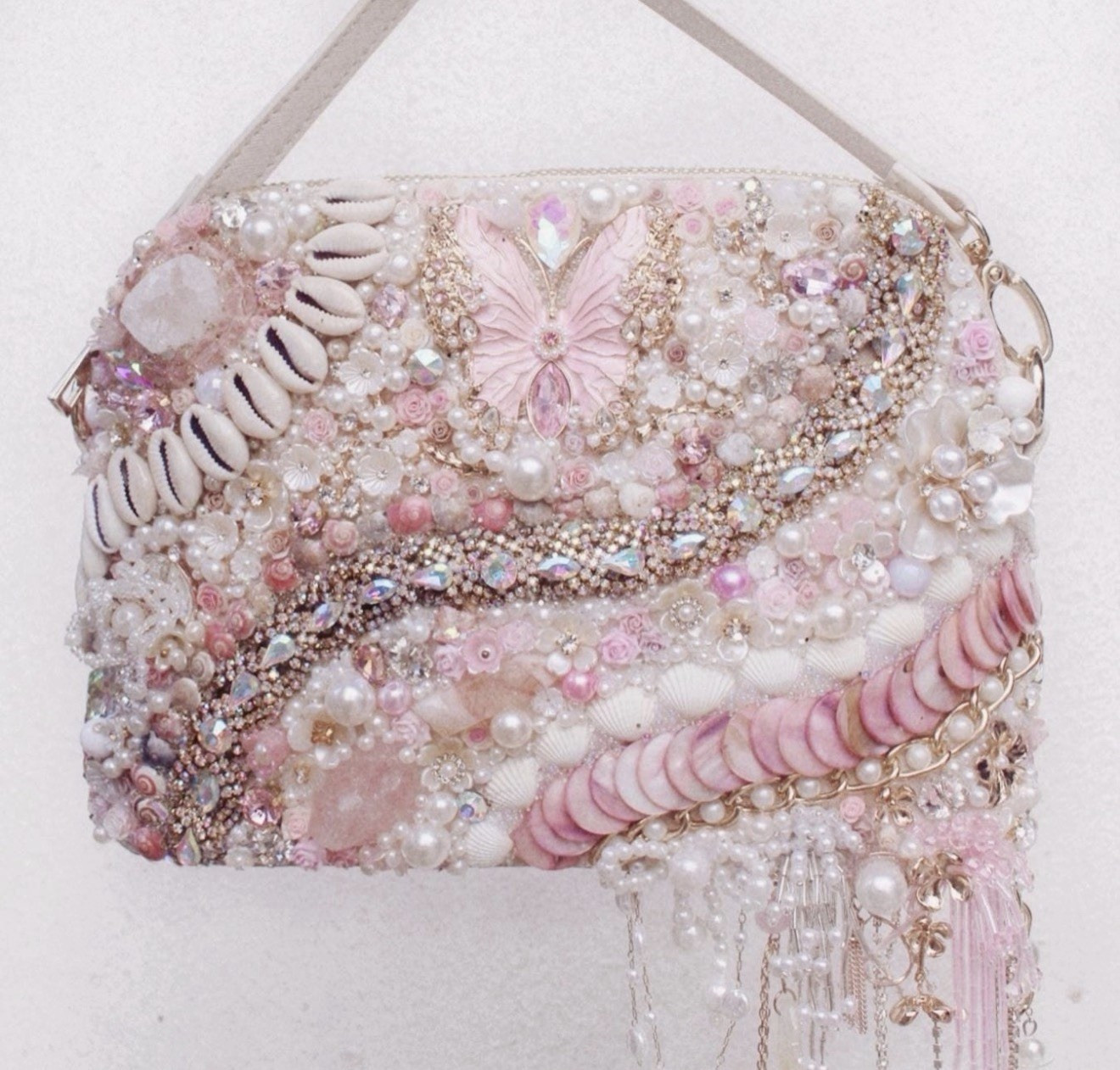 Pink/White Beaded Butterfly Top Handle Bag w/ Detachable Strap, Zipper