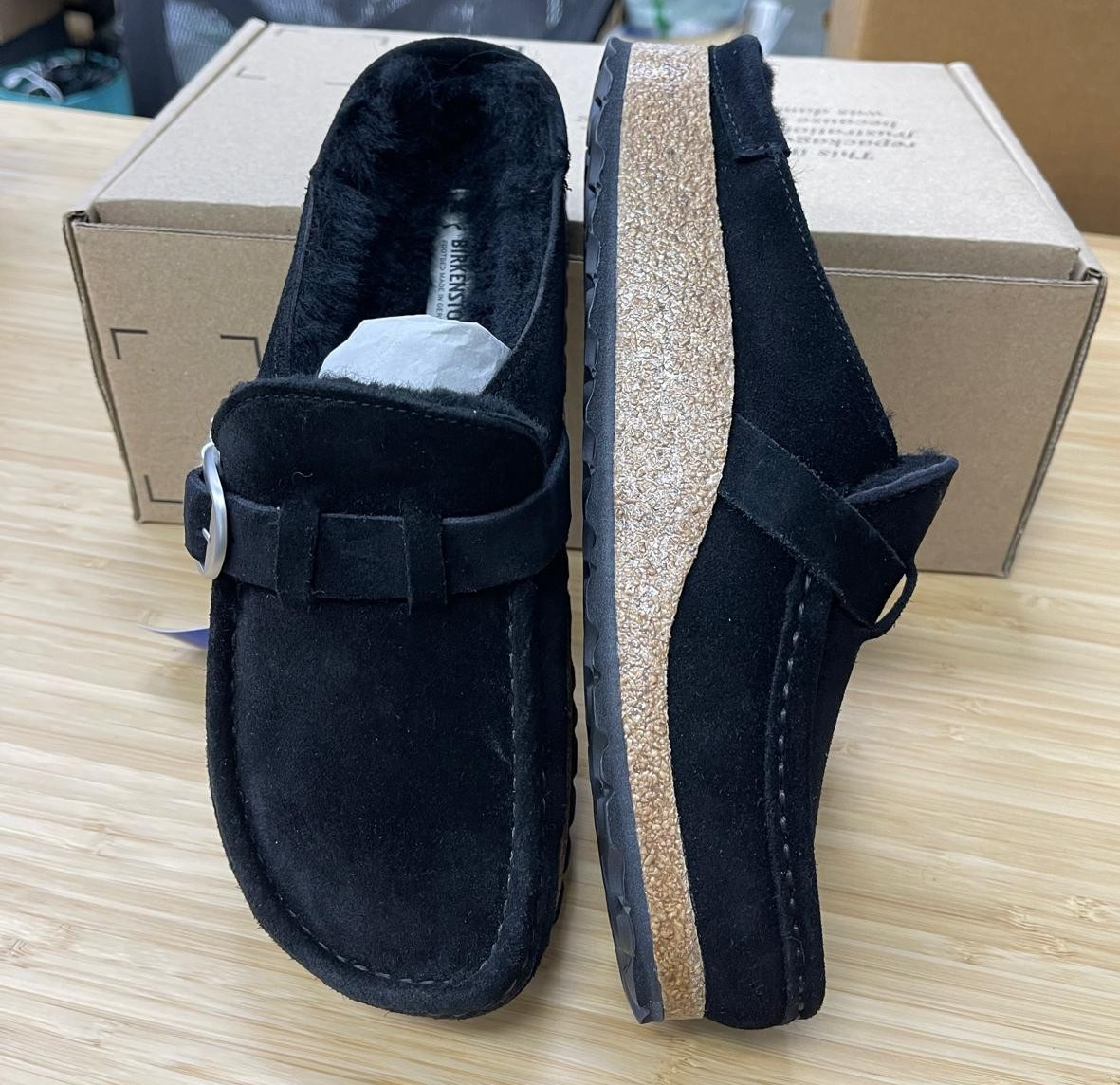 Birkenstock Unisex Buckley Shearling Black Suede, Size EU39/US W8-M6- Narrow fit