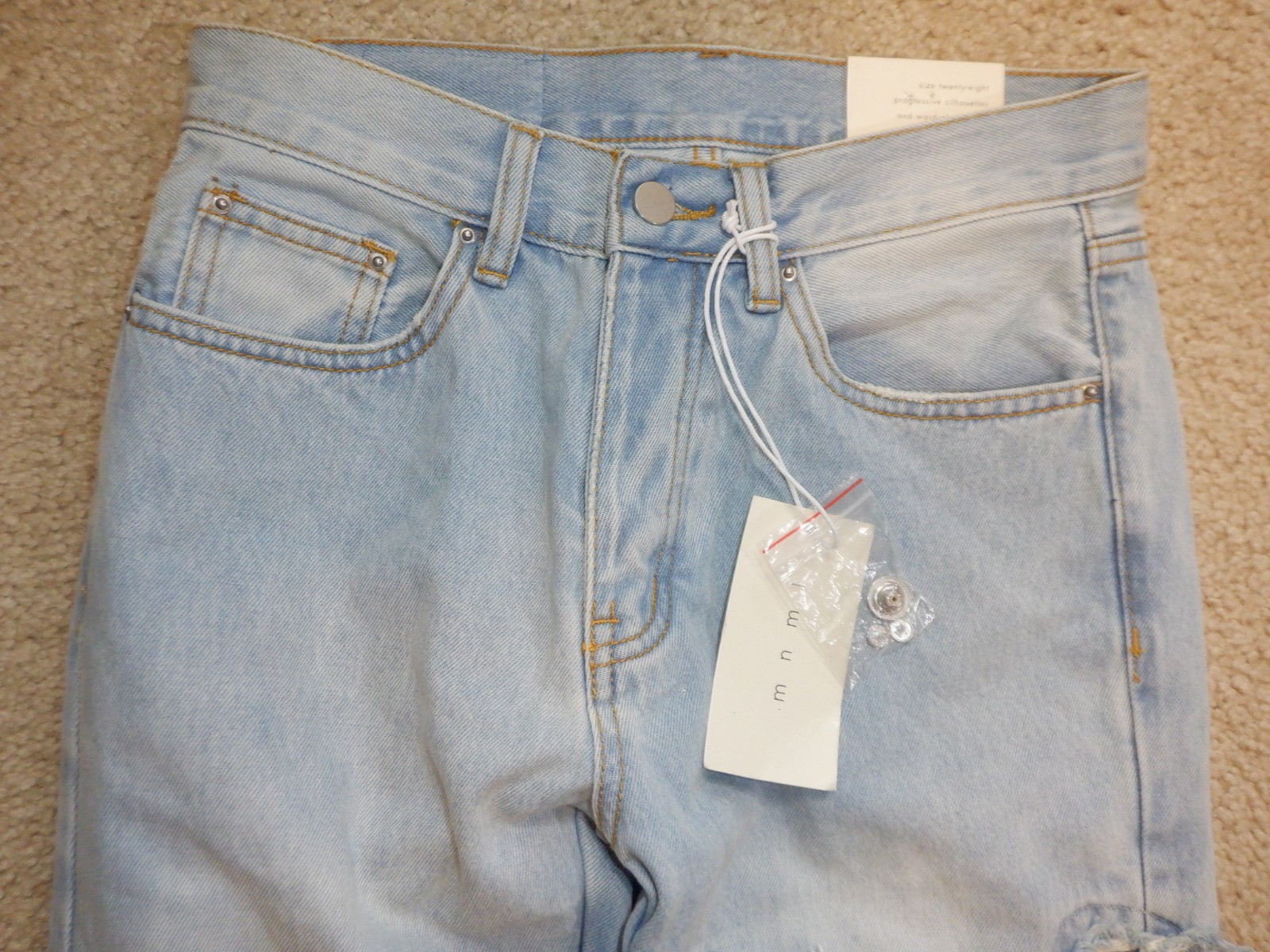mnml Men’s Light Blue Slim Jeans Denim Distressed Button Zip 5-Pocket, 28 x 34
