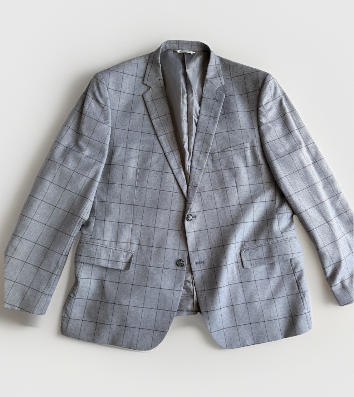 Lineage Mens 2pc Window Pane Suit 48R 40W Polyester Blend Light Grey Stretch