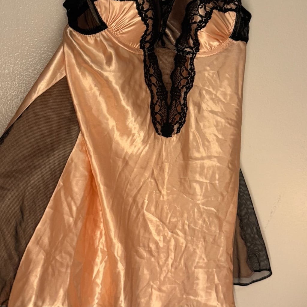 California Dynasty Pink Satin and Black Lace Cupped Babydoll Lingerie