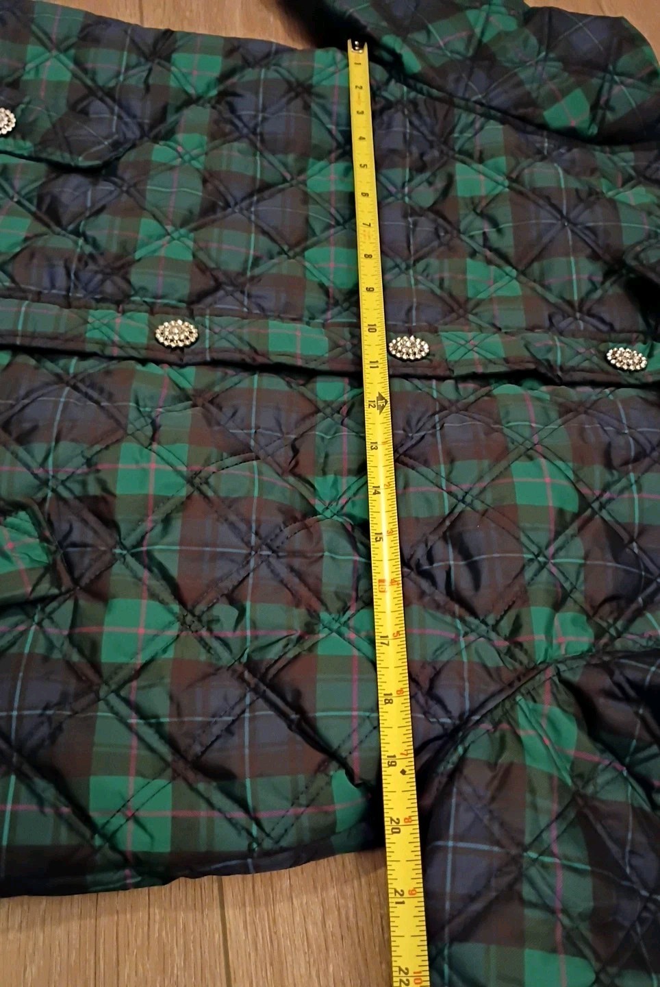 Crown & Ivy Navy Green Plaid Quilted Jacket Bling Rhinestone Button Snaps Sz M