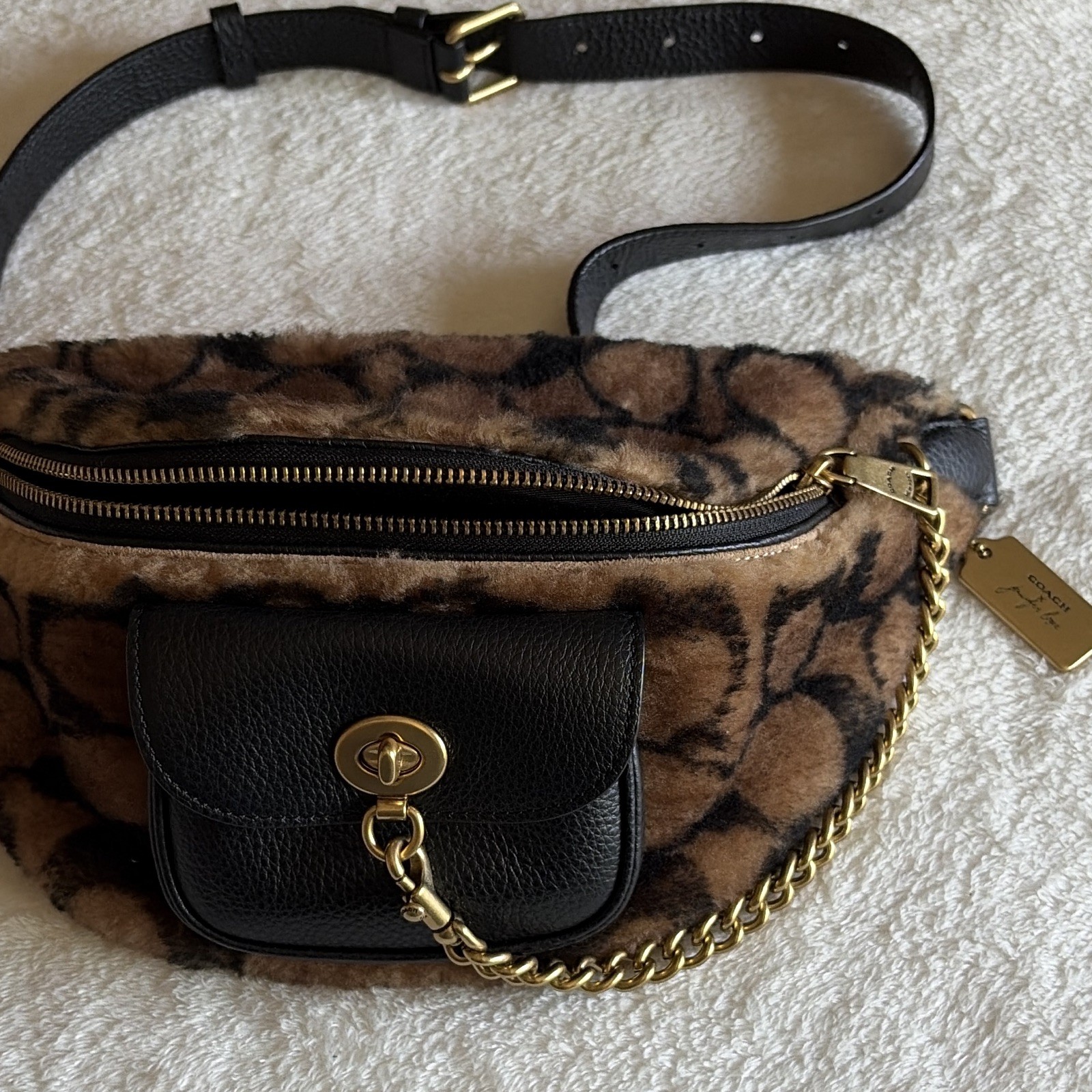 Coach x Jennifer Lopez Animal Print Belt Bag Brown/Black Gold Chain Zip Turnlock
