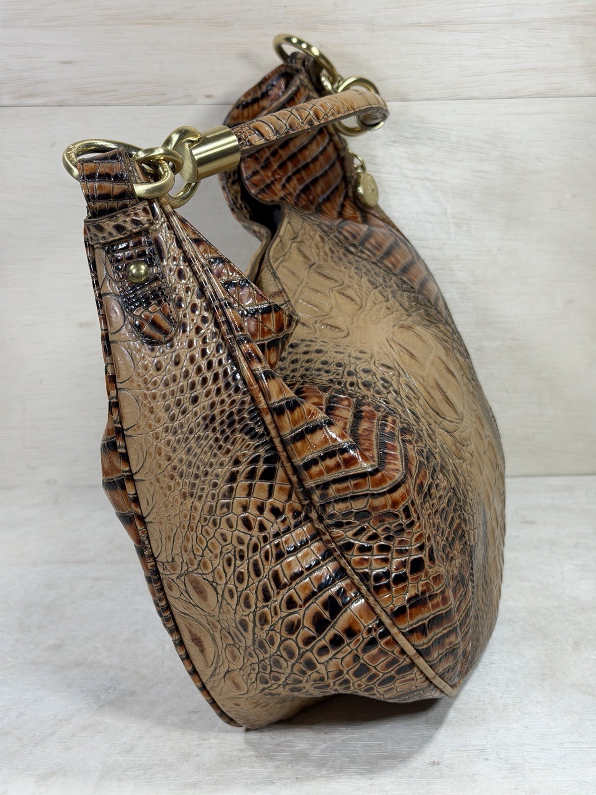 Brahmin Carmela Melbourne Tan Croc Embossed Hobo Shoulder Handbag Luxury