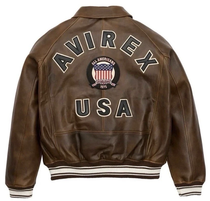 Avirex Men’s Real Leather Jacket Flight Bomber American Brown Varsity Jacket