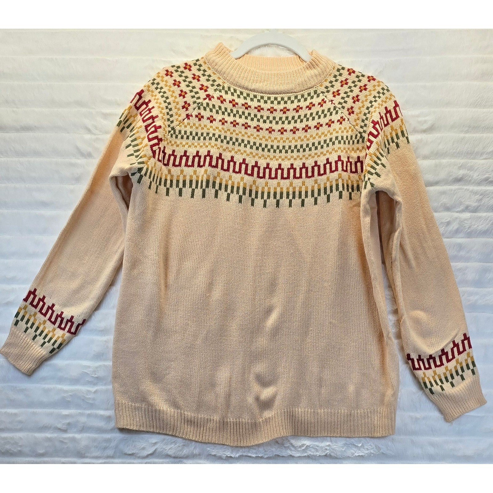 Fair Isle Mock Neck Sweater Womens Medium Cream Multi Excellent Knit
