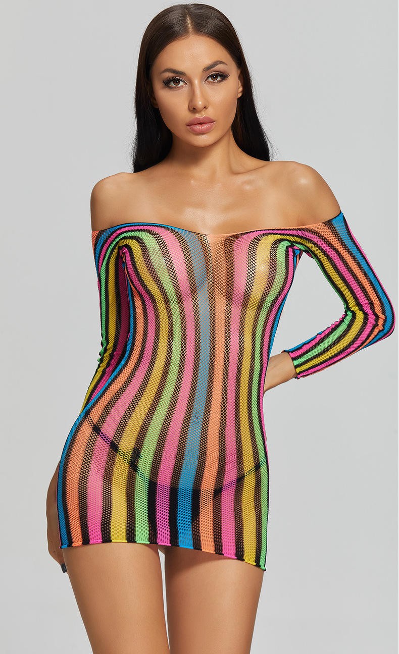 NEW 1-Size Sheer Party Extreme-Mini Dress Transparent Colorful Fishnet Poly Knit