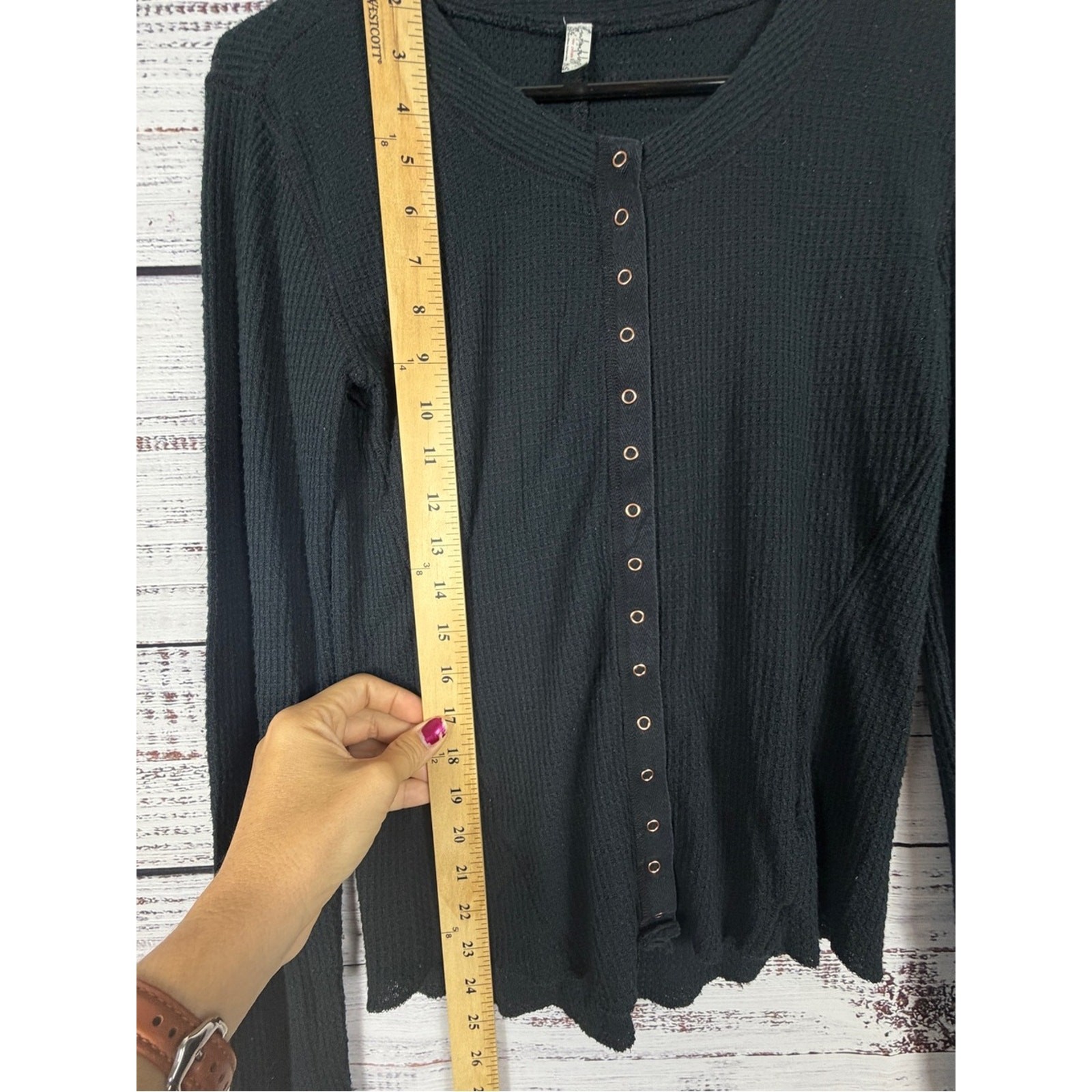 Free People Intimately Waffle Knit Snap Front Cardigan Top Black L