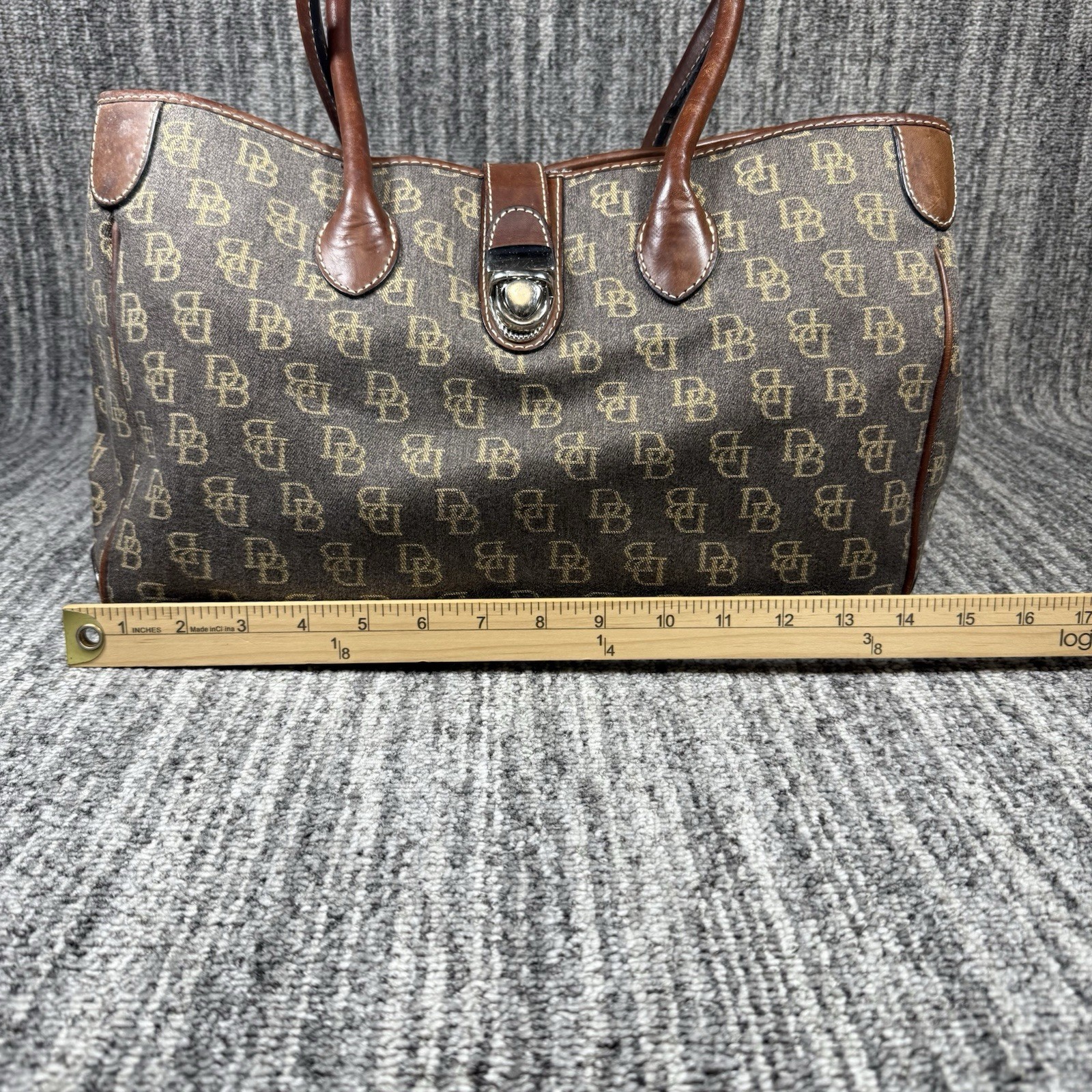Dooney & Bourke Satchel Tote Bag Push Lock Signature Canvas Leather Trim Purse