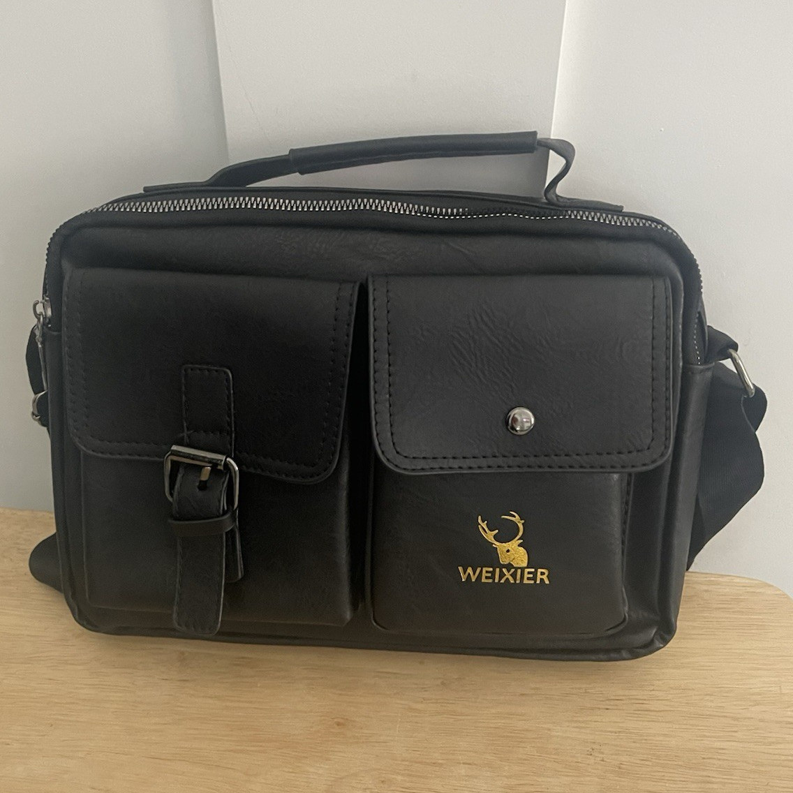 WEIXIER Black Messenger Bag Medium Top Handle Crossbody Strap Zip Buckle Snap