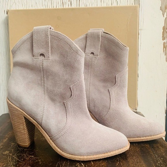 Joie Monte Sandstone Suede Western Ankle Boots Taupe Block Heel EU 37 US 7 NWT