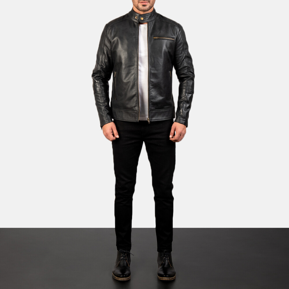 Mens Cafe Racer Leather Jacket Pure Black Lambskin Size XS S M L XL XXL 3XL 4XL