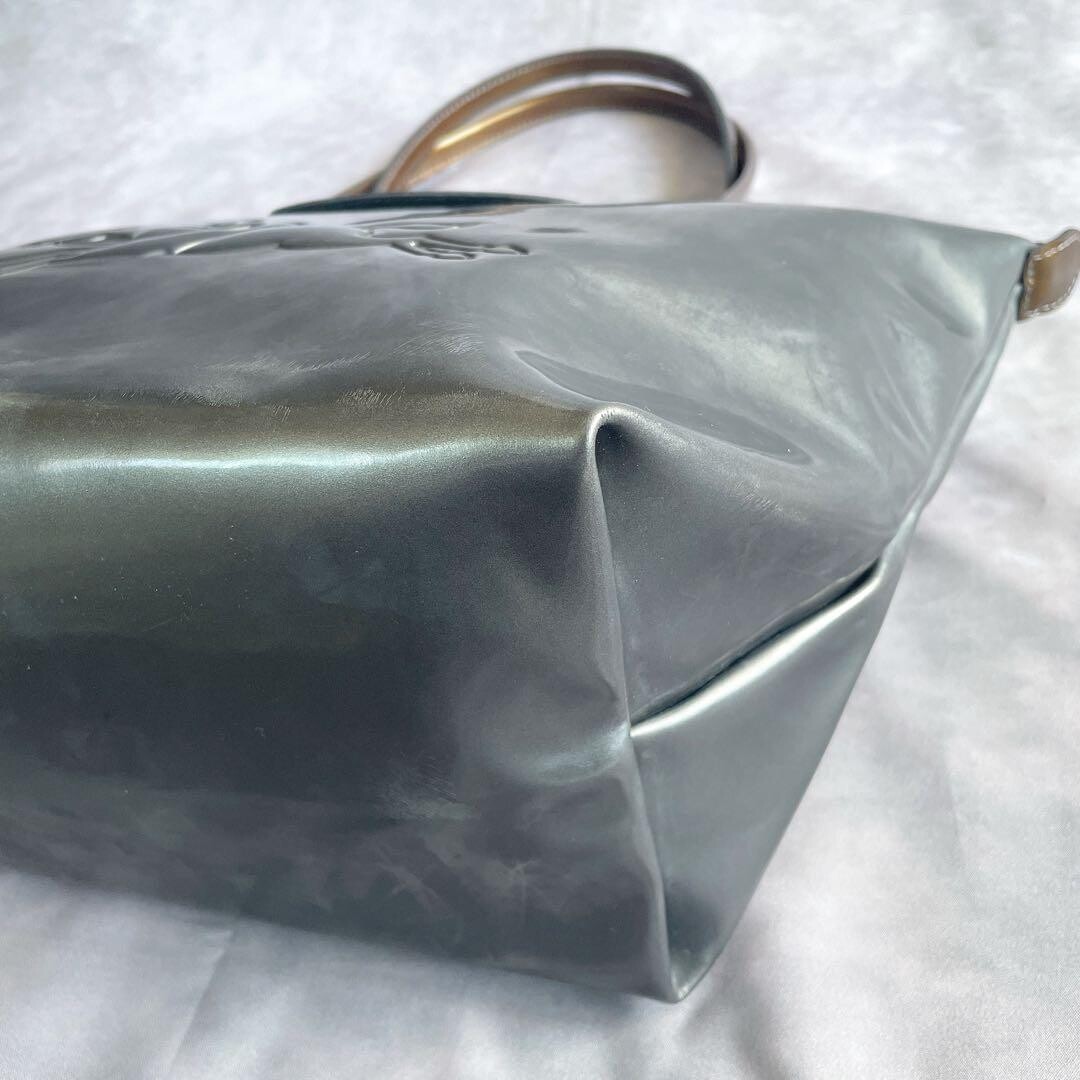 Longchamp Le Pliage Metallic Silver Gray Embossed Logo Tote Brown Trim Y2K Auth