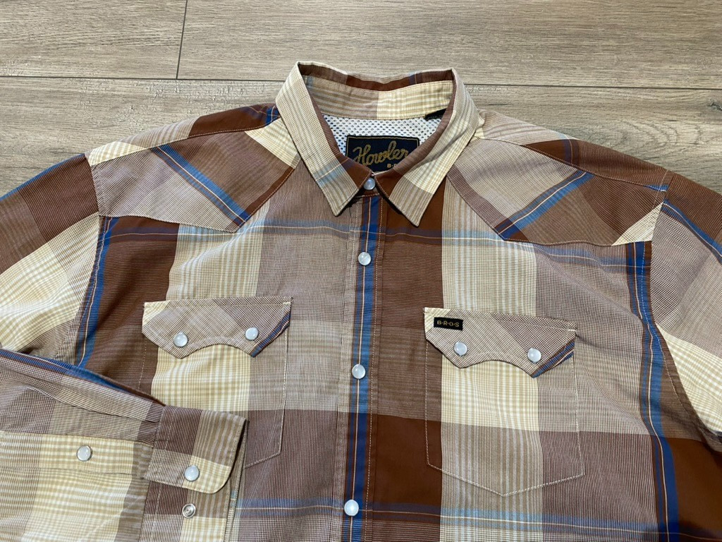 Howler Bros H Bar B Tech Shirt Mens L Plaid Western Snap Button Long Sleeve