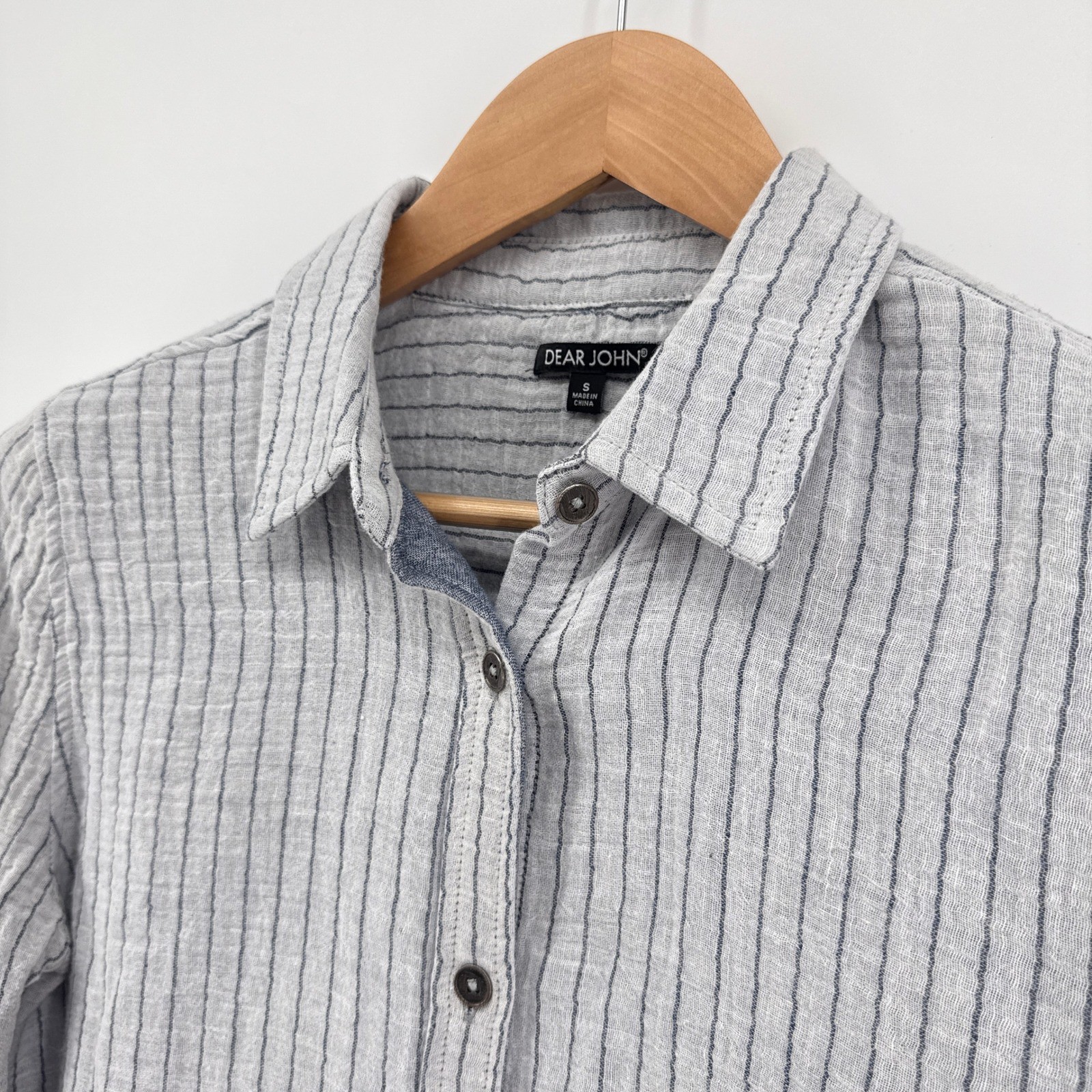DEAR JOHN Womens Gauzy Striped Button Down Shirt Small Roll Tab Sleeve Raw Hem