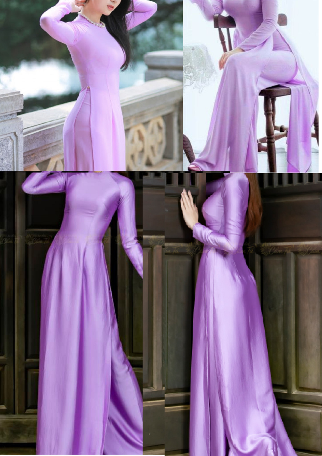 Ao Dai S Lụa 2 Da Không Cổ Tím Lục Bình- Ngực 82 cm, Eo 68 cm (Áo only)